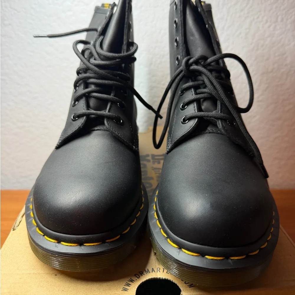 Dr. Martens Black Leather Boots with Yellow Stitching - Picture 1 of 10